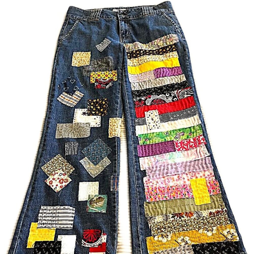 Women's Reworked Vintage Tommy Hilfiger Wide Leg Jeans - hand sewn patches sz 8
